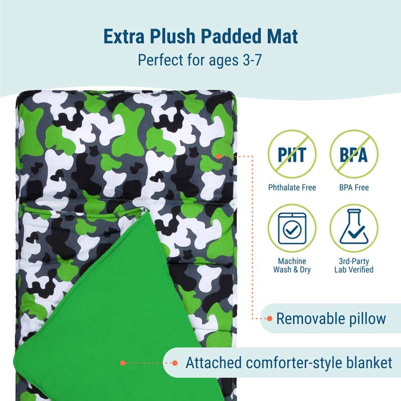 Wildkin Kids Original Nap Mat â€“ Cozy Kids Sleep Mat with Pillow, Ideal for School & Travel - Camo Green - Image 3